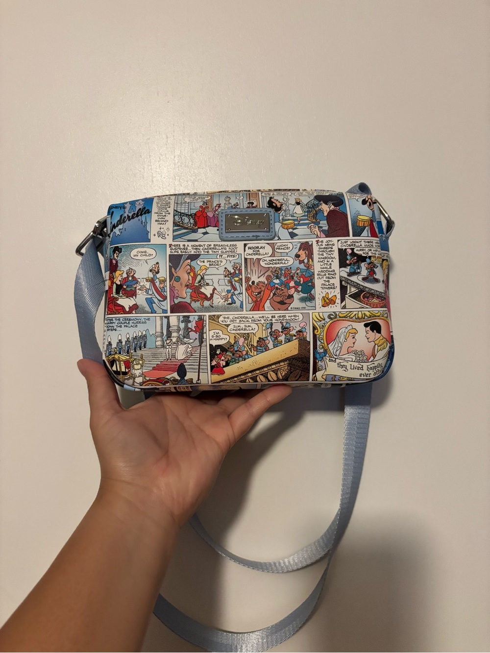 Buckle-Down Comic-Print Crossbody Bag in Light Blue